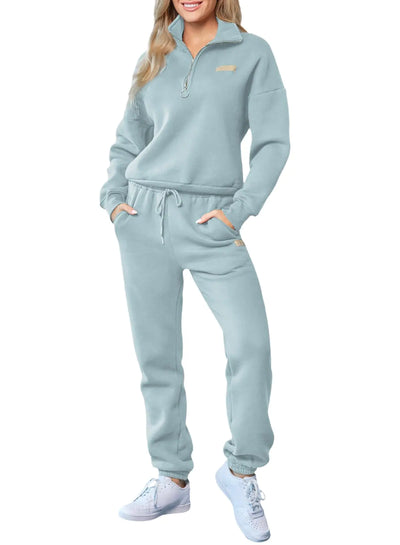 Herseas Women 2 Piece Outfits Sweatsuit Lounge Set Half Zip Pullover with Jogger Airport Tracksuit Matching Pants Set XX-Large Mist Blue